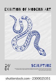 Ancient cover or poster concept with classical art sketch of snake on abstract background. Roman and Greek vector illustration. Art posters for the exhibition, magazine or brochure. Serpent drawing