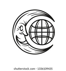 Ancient Crescent Moon Globe Eclipse Hand-Drawn Object For Ornament Design Poster T-Shirt Graphic Packaging Apparel Sign and More