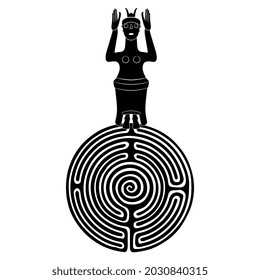 Ancient Cretan Minoan goddess standing on a round spiral maze or labyrinth symbol. Ariadne. Greek mythology. Creative concept. Feminist female power. Mystery of a woman. Black and white silhouette.