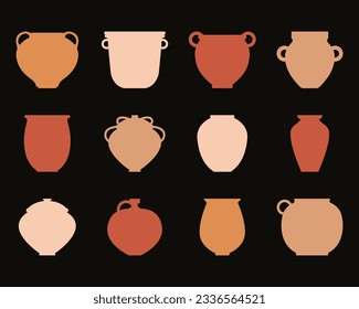 Ancient crockery set. Silhouette collection of icons with jur. Vector pottery icons for design. ceramic pot set. Retro ceramic vases in boho style. Clay products in traditional style