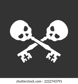 Ancient crossed skull keys for hidden pirate treasure flat vector icon for games and apps - isolated emblem on black