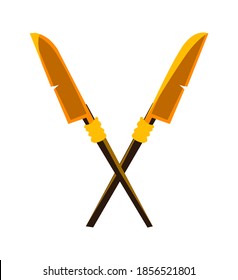 Antike Kreuzspeere oder Halbberds Cartoon Vektorsymbol. Antike Waffe mit hölzernen Polearmen oder Wellen und gelbe Metallklingen, gekreuzt und einzeln auf weißem Hintergrund, Illustration für Spieldesign