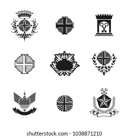 Ancient Crosses Crown Stars and flowers emblems set. Heraldic Coat of Arms, vintage vector logos collection.