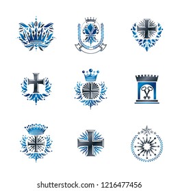 Ancient Crosses Crown Stars and flowers emblems set. Heraldic Coat of Arms, vintage vector logos collection.