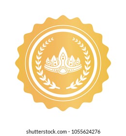 Ancient crown between laurel branches on gold seal. Medieval heraldic symbols on shiny stamp. Crown with thorns on approval mark vector illustration.