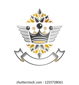 Ancient Crown emblem. Heraldic vector design element. Retro style label, heraldry logo. Ornate logotype isolated on white background.