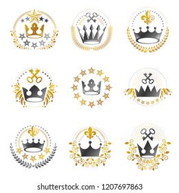 Ancient Crowns emblems set. Heraldic vector design elements collection. Retro style label, heraldry logo.