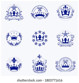 Ancient Crowns emblems set. Heraldic vector design elements collection. Retro style label, heraldry logo.