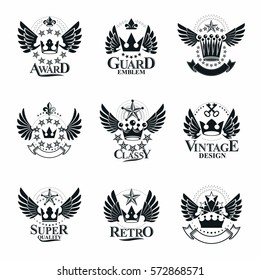 Ancient Crowns emblems set. Heraldic vector design elements collection. Retro style label, heraldry logo.