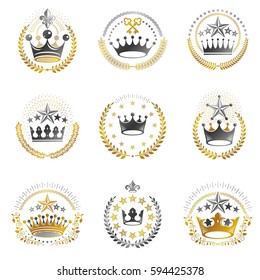 Ancient Crowns emblems set. Heraldic vector design elements collection. Retro style label, heraldry logo.