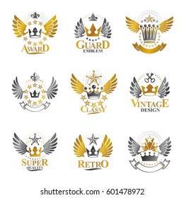 Ancient Crowns emblems set. Heraldic vector design elements collection. Retro style label, heraldry logo.