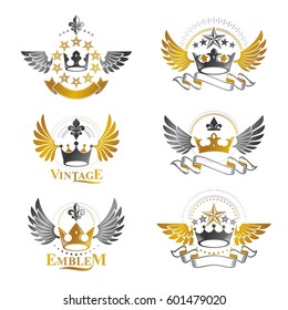 Ancient Crowns emblems set. Heraldic vector design elements collection. Retro style label, heraldry logo.