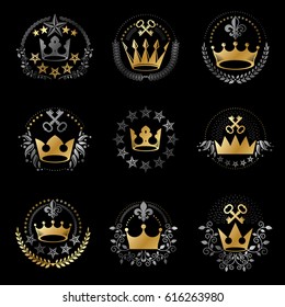 Ancient Crowns emblems set. Heraldic vector design elements collection. Retro style label, heraldry logo.