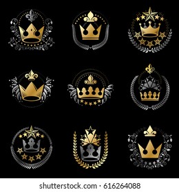 Ancient Crowns emblems set. Heraldic vector design elements collection. Retro style label, heraldry logo.