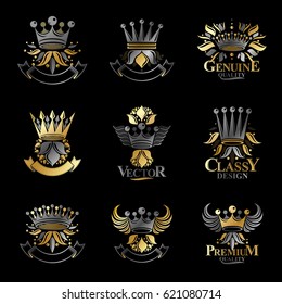 Ancient Crowns emblems set. Heraldic vector design elements collection. Retro style label, heraldry logo.
