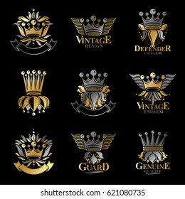 Ancient Crowns emblems set. Heraldic vector design elements collection. Retro style label, heraldry logo.