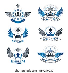 Ancient Crowns emblems set. Heraldic vector design elements collection. Retro style label, heraldry logo.