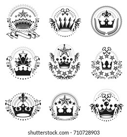 Ancient Crowns emblems set. Heraldic vector design elements collection. Retro style label, heraldry logo.
