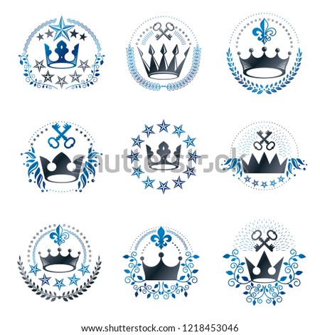 Ancient Crowns emblems set. Heraldic vector design elements collection. Retro style label, heraldry logo.