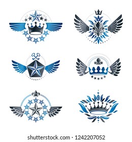 Ancient Crowns and Military Stars emblems set. Heraldic vector design elements collection. Retro style label, heraldry logo.