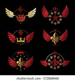 Ancient Crowns and Military Stars emblems set. Heraldic vector design elements collection. Retro style label, heraldry logo.