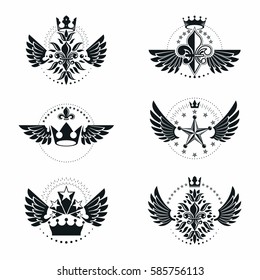 Ancient Crowns and Military Stars emblems set. Heraldic vector design elements collection. Retro style label, heraldry logo.