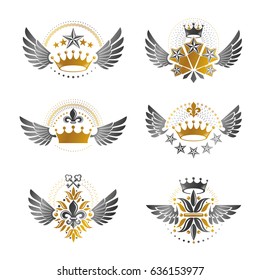 Ancient Crowns and Military Stars emblems set. Heraldic vector design elements collection. Retro style label, heraldry logo.
