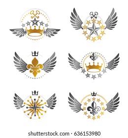 Ancient Crowns and Military Stars emblems set. Heraldic vector design elements collection. Retro style label, heraldry logo.