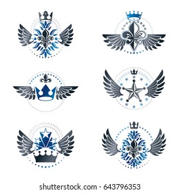 Ancient Crowns and Military Stars emblems set. Heraldic vector design elements collection. Retro style label, heraldry logo.