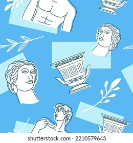 Ancient cultural heritage, sculptures and statuettes, bust of woman and man. Laurel leaf branches and vase or amphora. Seamless pattern or background, wallpaper or print. Vector in flat style