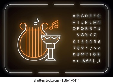 Ancient culture and life neon light icon. Harp melody. Goblet for wine. Greek old artifacts. Archeological discoveries. Glowing sign with alphabet, numbers and symbols. Vector isolated illustration