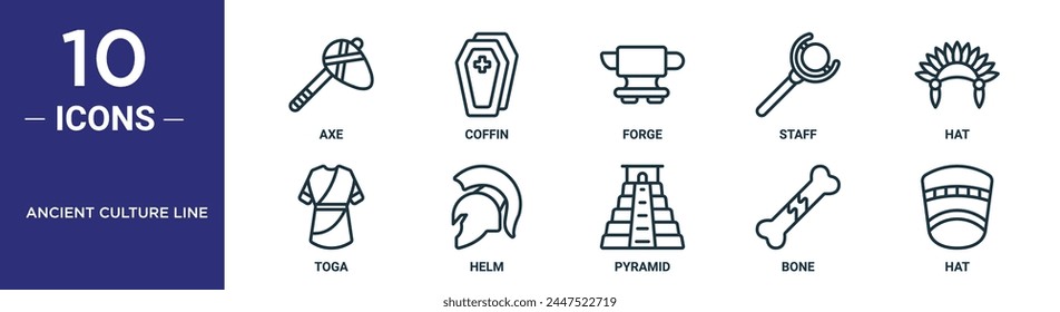 ancient culture line outline icon set includes thin line axe, coffin, forge, staff, hat, toga, helm icons for report, presentation, diagram, web design