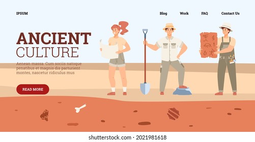 Ancient culture study website banner template, flat vector illustration. Archaeological and paleontological researches of ancient culture and history.