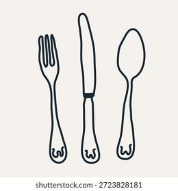 Ancient cutlery set, hand drawn fork, table knife, spoon, old style dining flatware tools, morning serving in sketch doodle style isolated on white background flat vector illustration.