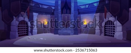 Ancient dark arena for gladiator battles. Vector cartoon illustration of antique stone dungeon with round stage for martial arts show, royal armchairs on balcony, red flags and torch fire on wall