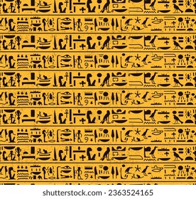 Ancient dark brwon egyptian hieroglyphs alphabet pattern over yellow background seamless pattern