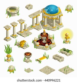 Ancient decoration, buildings, tiles, sculptures isolated on white background. Vector illustration.