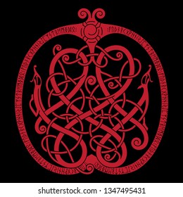 Ancient decorative dragon in celtic style, scandinavian knot-work illustration, isolated on black, vector illustration