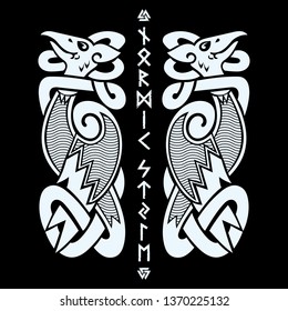 Ancient decorative dragon in celtic style, scandinavian knot-work illustration, isolated on black, vector illustration