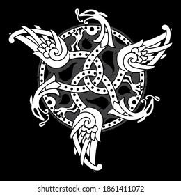 Ancient decorative dragon in Celtic style, Scandinavian knot-work illustration, isolated on black, vector illustration