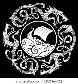 Ancient decorative dragon in Celtic style, Scandinavian knot-work illustration, and Viking ship Drakkar, vector illustration