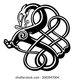 Ancient decorative dragon in Celtic style, Scandinavian knot-work illustration, isolated on white, vector illustration