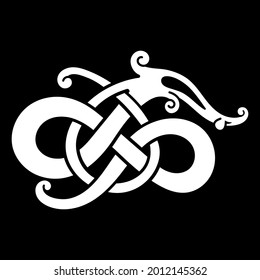 Ancient decorative dragon in Celtic style, Scandinavian knot-work illustration, isolated on black, vector illustration