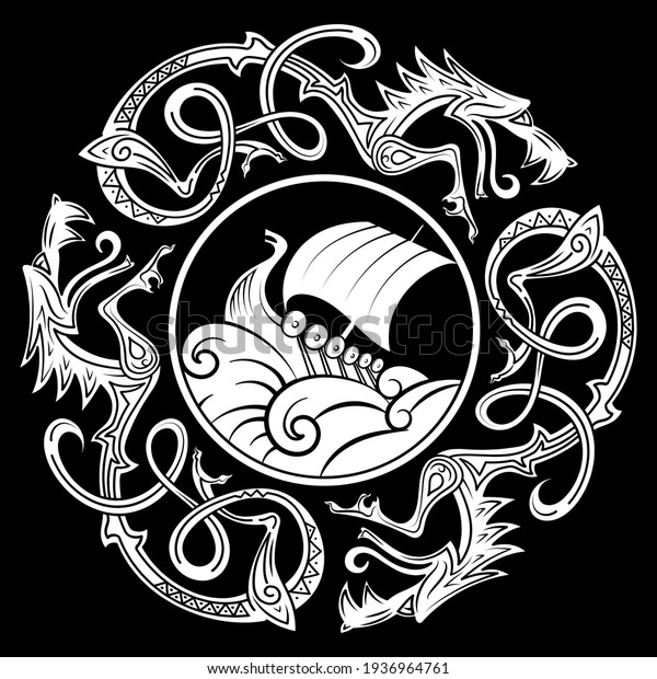 Ancient decorative dragon in Celtic style,\
Scandinavian knot-work illustration, and Viking ship Drakkar,\
vector illustration