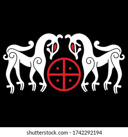 Ancient decorative mythical animal in Celtic, Scandinavian style, Scandinavian knot-work illustration, isolated on black, vector illustration