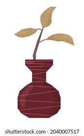 Ancient decorative vase with abstract boho branch in doodle style. Flat vector illustration isolated on white background