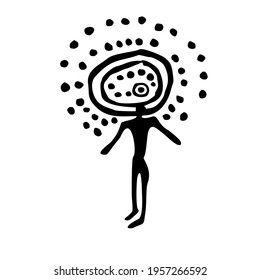 An ancient deity, an idol. Drawings of primitive people on stone. Illustration in ethnic style.