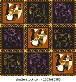 Ancient depicting a bird, a goat and doe. Drawing of animals in dark squares framed by a chain. Motives of ancient Byzantine and Chinese fabrics. Suitable for furniture upholstery, textile, paper.