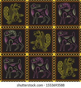 Ancient depicting a dragon, a goat and a doe. Figure animals in black squares framed by a chain. Motives of ancient Byzantine and Chinese fabrics. Suitable for furniture upholstery, textile, paper.