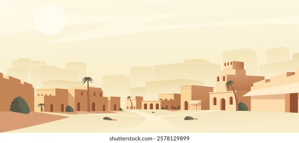 Ancient desert town landscape with sunlit buildings. Vector illustration